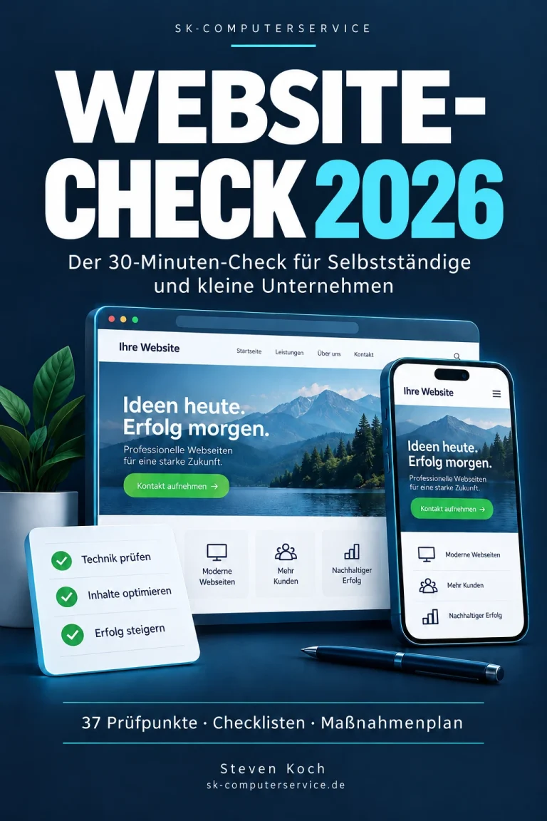 Cover des PDF-Ratgebers Website-Check 2026 von SK-Computerservice, dargestellt auf Laptop- und Smartphone-Bildschirm