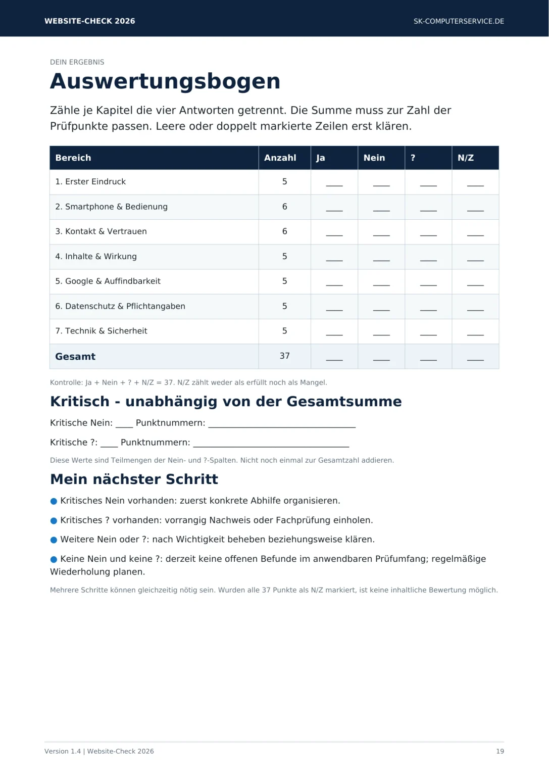 PDF-Seite mit dem Auswertungsbogen aus dem Website-Check 2026