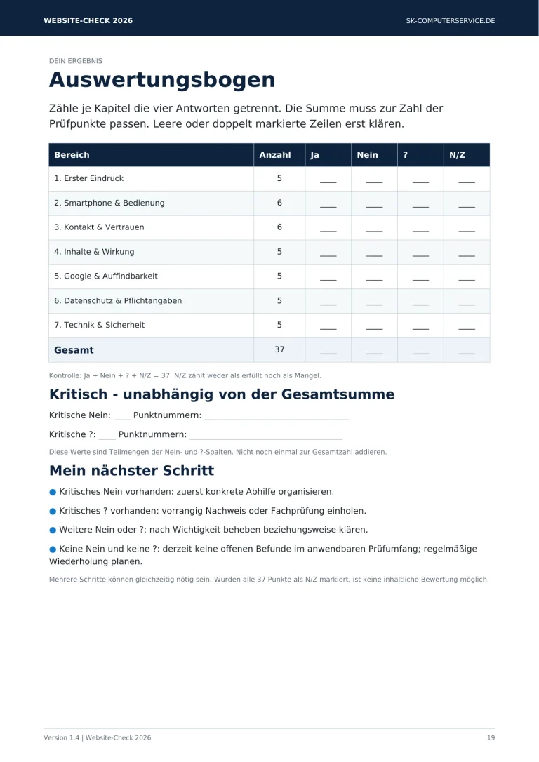PDF-Seite mit dem Auswertungsbogen aus dem Website-Check 2026