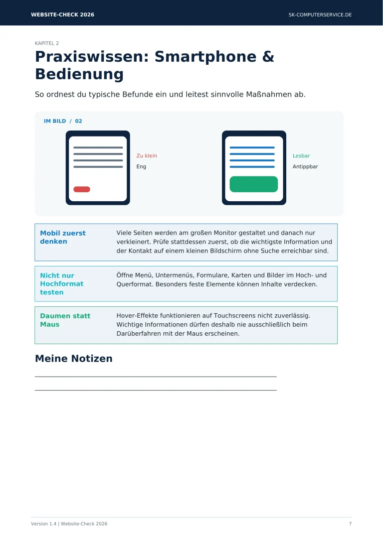 PDF-Seite mit Illustration und Erklärung zu gut und schlecht bedienbaren Buttons aus dem Website-Check 2026