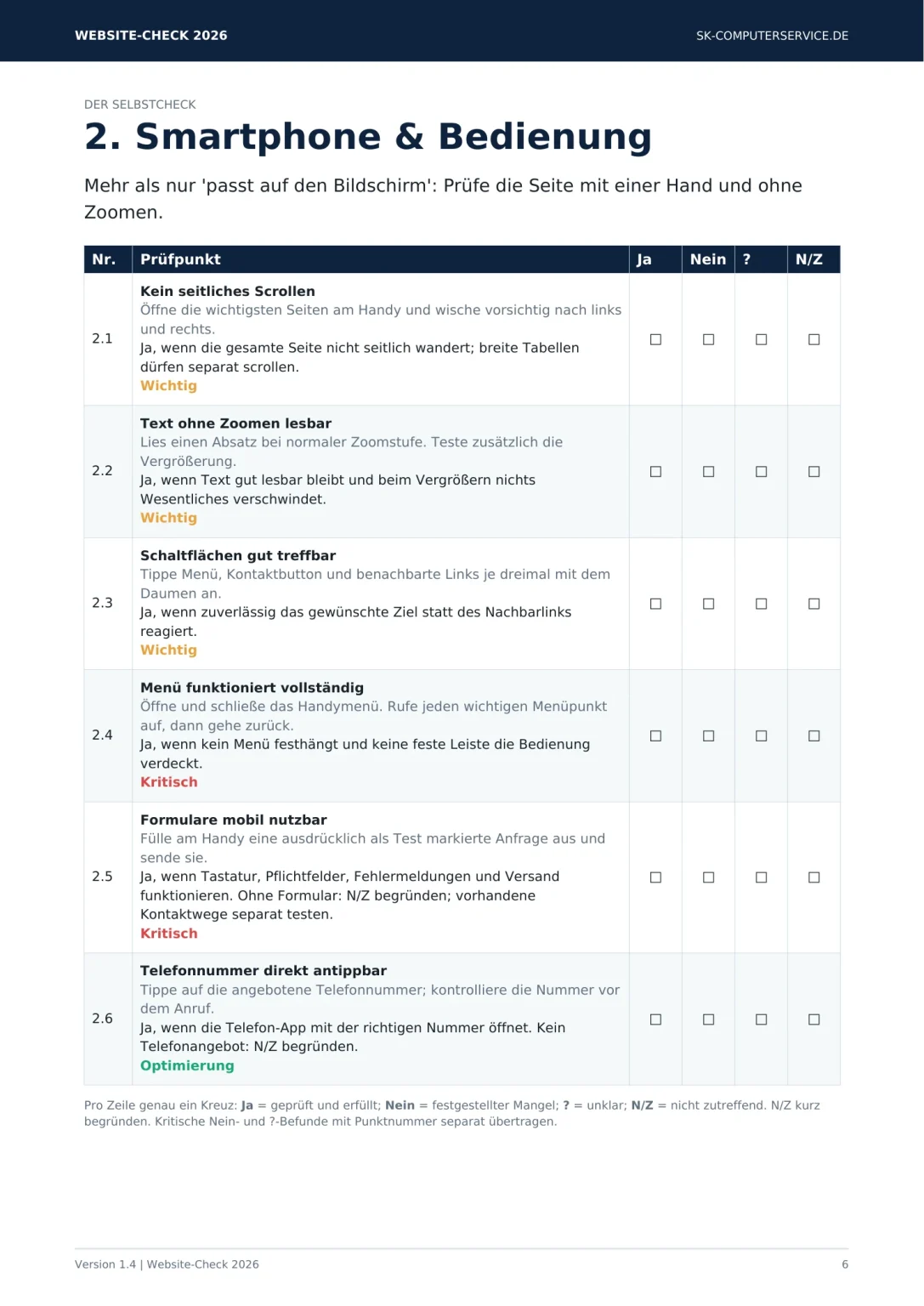 PDF-Seite mit Prüfpunkt-Tabelle zu Smartphone und Bedienung aus dem Website-Check 2026