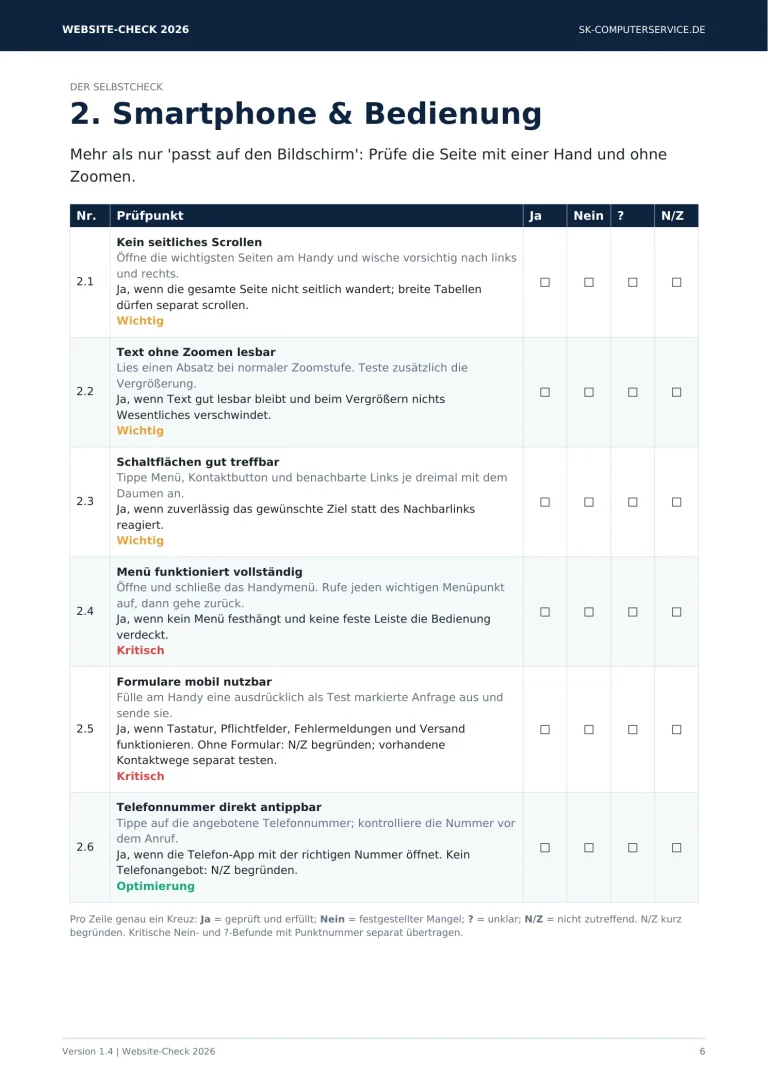 PDF-Seite mit Prüfpunkt-Tabelle zu Smartphone und Bedienung aus dem Website-Check 2026